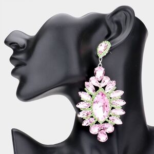 Pink Green Marquise Crystal Drop Dangle Statement Earrings 4.25 Inch Evening